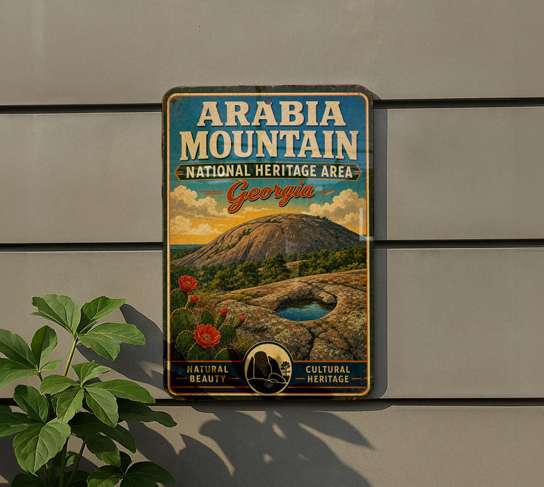 a vintage-style sign for the Arabia Mountain National Heritage Area in Georgia, with a mountain landscape and a cactus plant in the foreground.