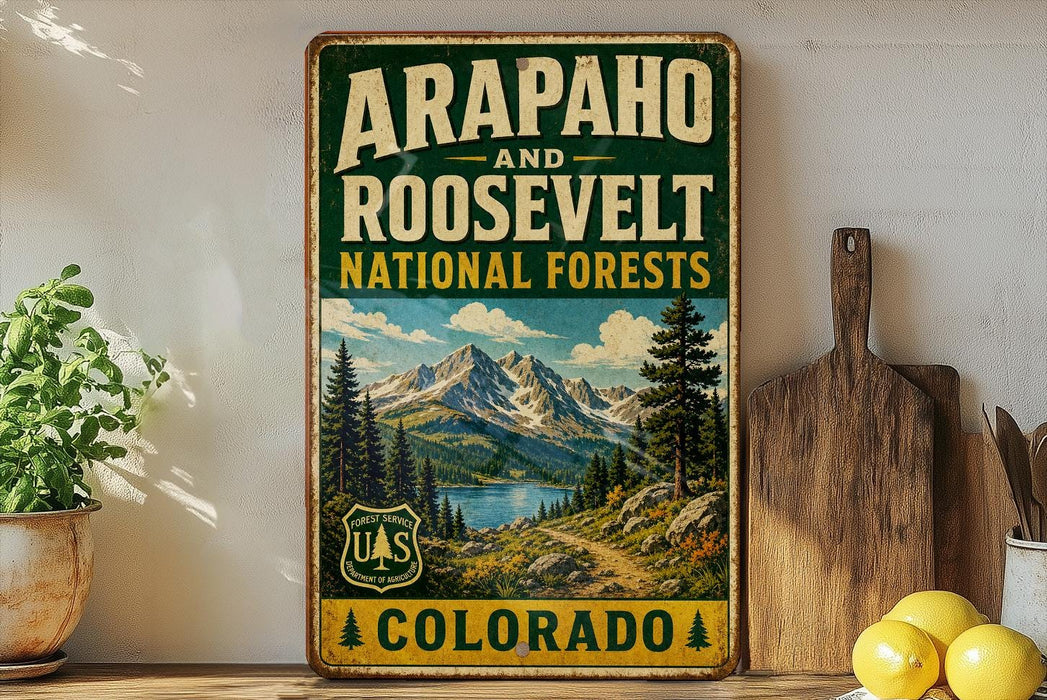 Arapaho & Roosevelt National Forests Colorado Vintage Metal Sign, Rocky Mountain National Forest Decor, Hiking Cabin Wall Sign