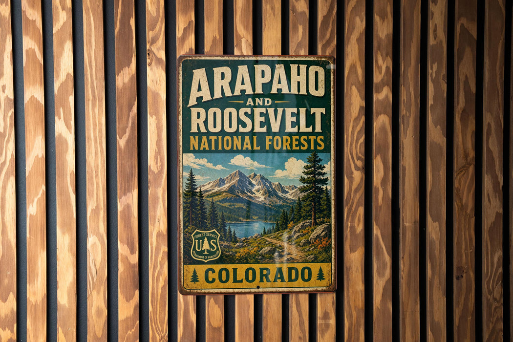 Arapaho & Roosevelt National Forests Colorado Vintage Metal Sign, Rocky Mountain National Forest Decor, Hiking Cabin Wall Sign