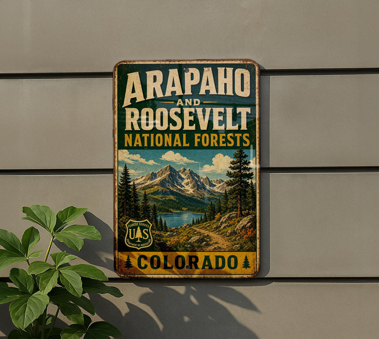Arapaho & Roosevelt National Forests Colorado Vintage Metal Sign, Rocky Mountain National Forest Decor, Hiking Cabin Wall Sign