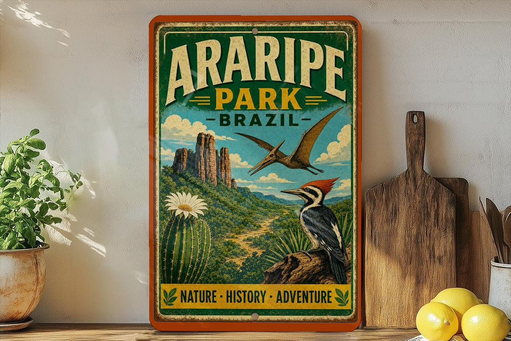 A vintage-style metal sign for Aripipe Park in Brazil, featuring a pterodactyl, cactus, and a scenic landscape.