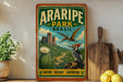 A vintage-style metal sign for Aripipe Park in Brazil, featuring a pterodactyl, cactus, and a scenic landscape.