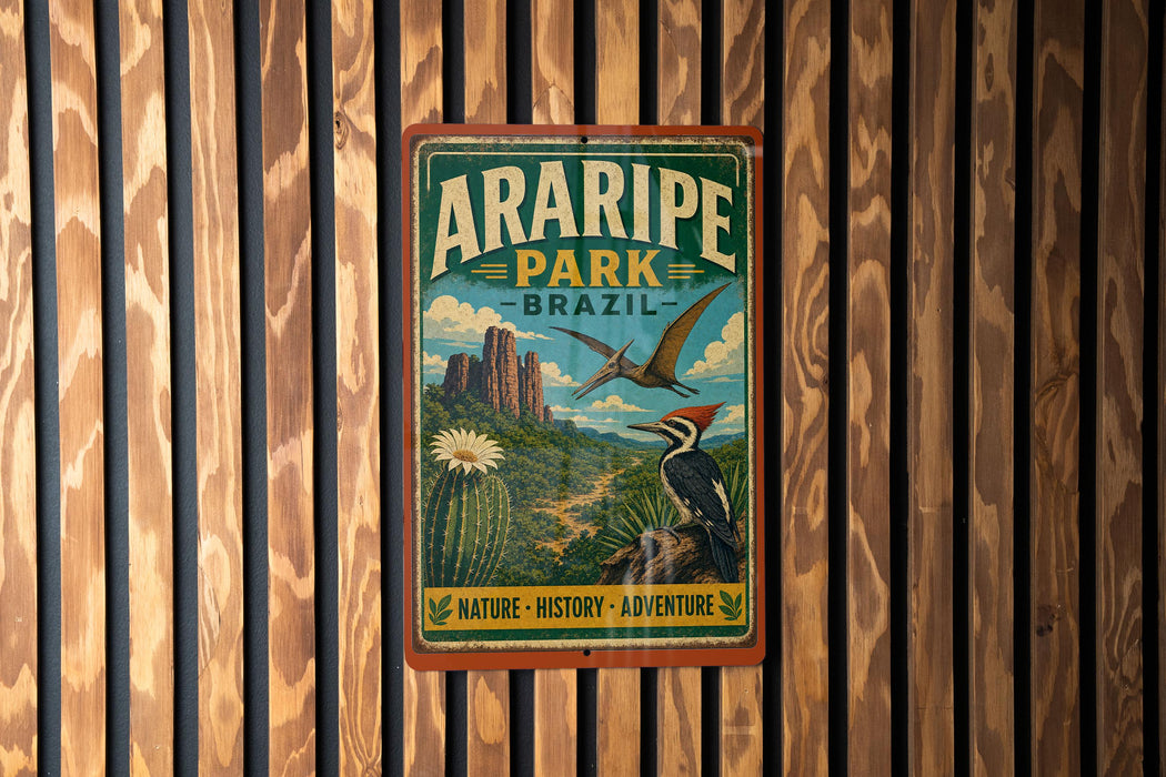 A vintage-style metal sign for Araripe Park in Brazil, featuring a bird and a cactus, is displayed on a wooden wall.