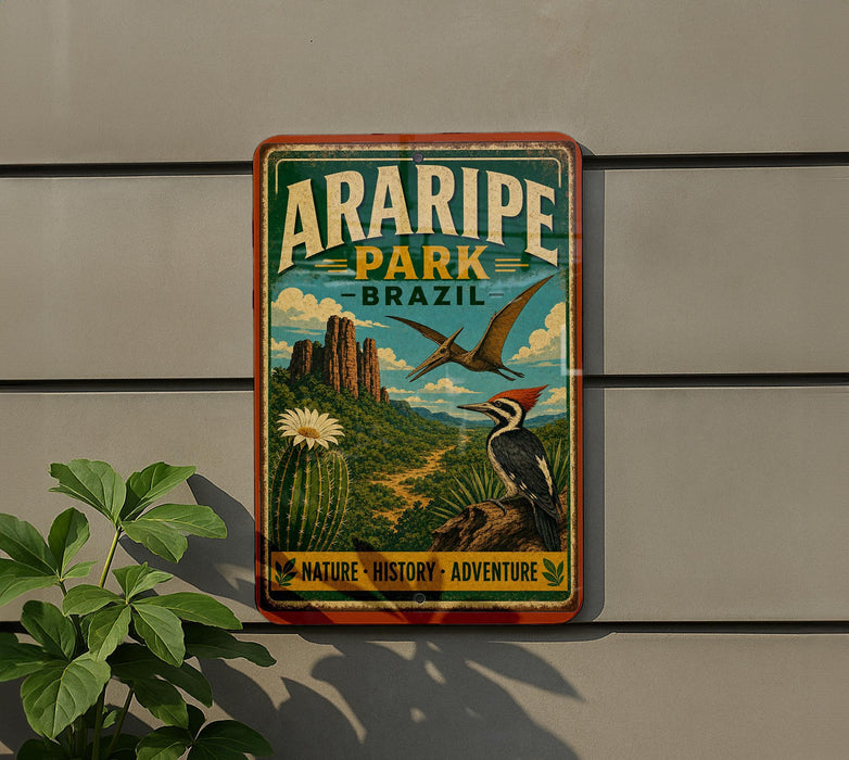A vintage-style metal sign for Aripipe Park in Brazil, featuring a bird, cactus, and mountains in the background.