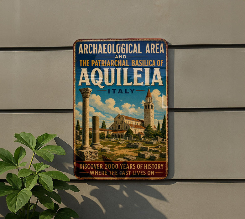 a vintage-style sign advertising the Archaeological Area and the Patriarchal Basilica of Aquileia, Italy.
