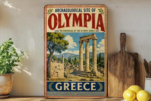 a vintage-style poster of the Archaeological Site of Olympia, Greece, with a depiction of the ancient ruins and columns.