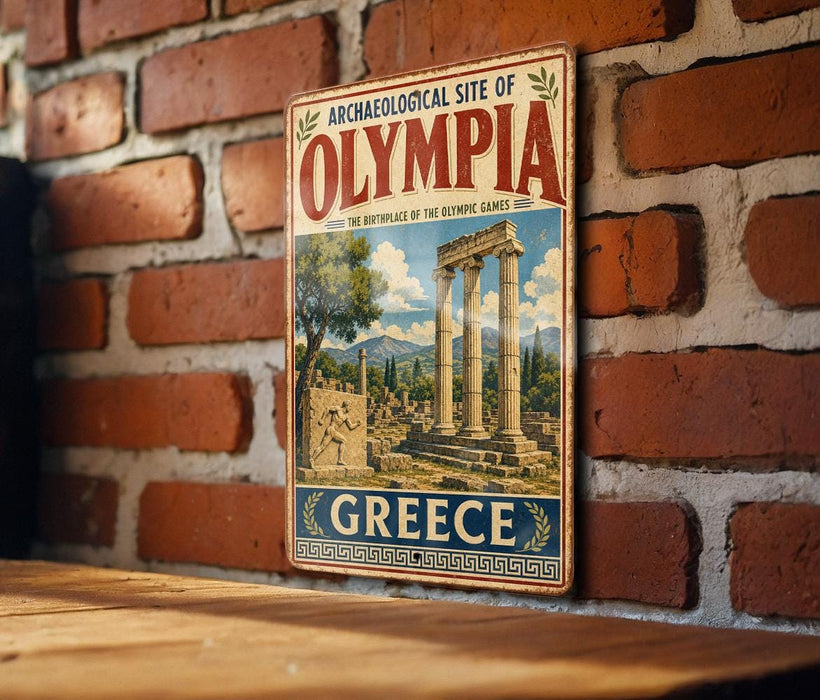 a vintage-style poster of the ancient Greek city of Olympia, with the text "ARCHAEOLOGICAL SITE OF OLYMPIA" and "GREECE" prominently displayed.