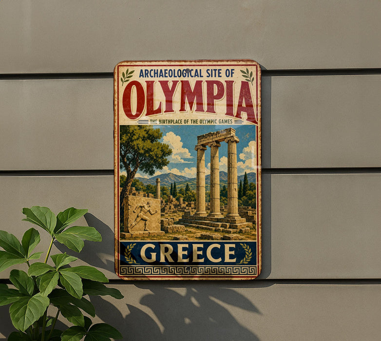 A vintage-style metal sign advertising the Archaeological Site of Olympia, Greece, featuring an illustration of the ancient ruins of Olympia.