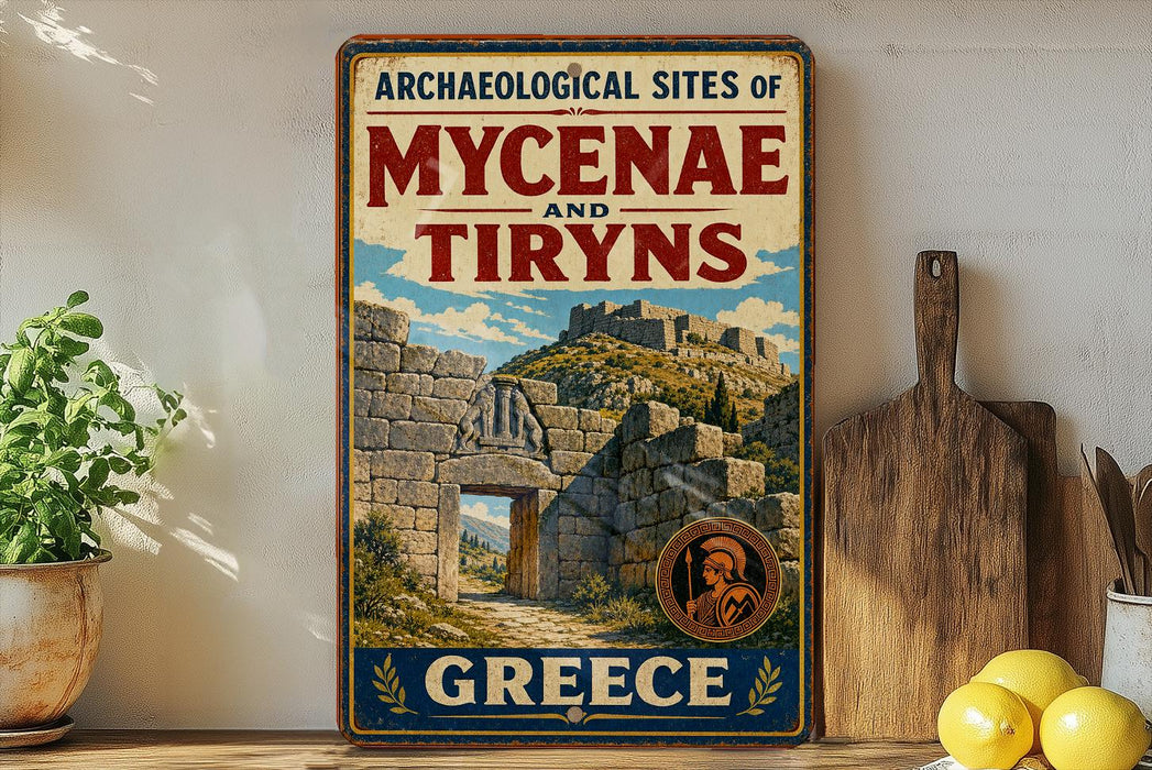 a vintage-style metal sign with the text "ARCHAEOLOGICAL SITES OF MYCENAE AND TIRYNS" and "GREECE" written on it, along with an illustration of an ancient Greek castle. The sign is displayed on a shelf next to a wooden cutting board and a potted plant.