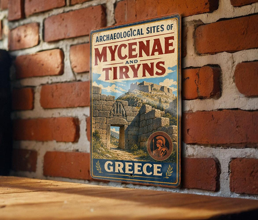A vintage-style metal sign displaying the name "MYCENAE AND TIYNS" and the word "GREECE" is mounted on a brick wall.