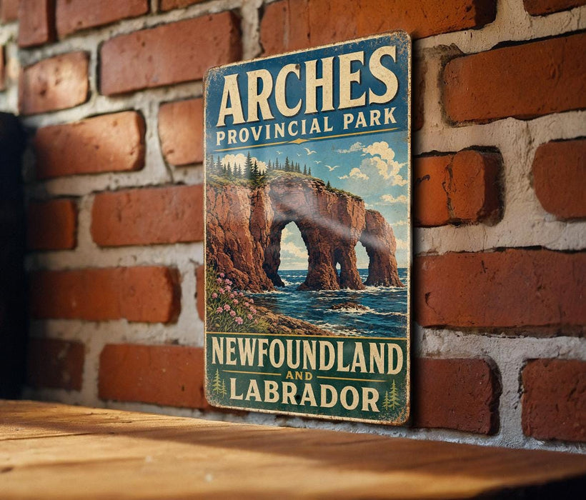 A vintage-style sign for Arches Provincial Park, New Brunswick, Labrador, and Labrador, featuring a scenic image of the park's iconic rock formations.