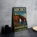 A vintage-style sign for Arches Provincial Park, New Brunswick and Labrador, featuring a scenic illustration of the park's landscape.