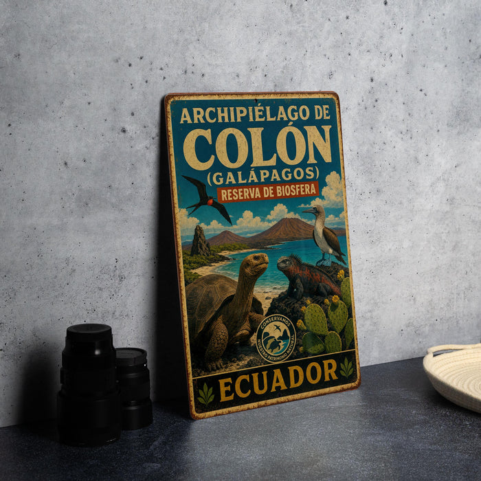 A vintage metal sign for the Galapagos National Reserve in Ecuador, featuring illustrations of various animals and plants.