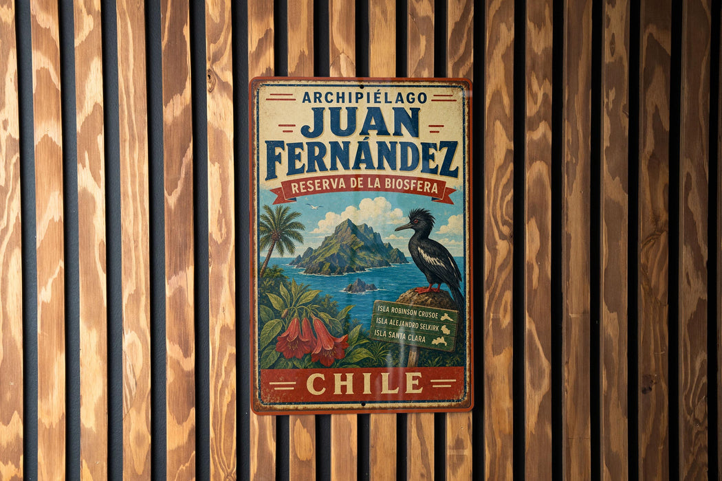 A vintage-style metal sign with text and illustrations, hanging on a wooden wall.