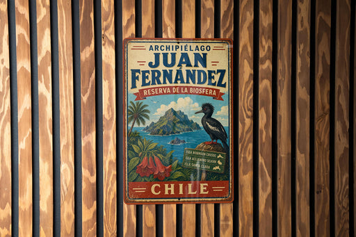 A vintage-style metal sign with text and illustrations, hanging on a wooden wall.
