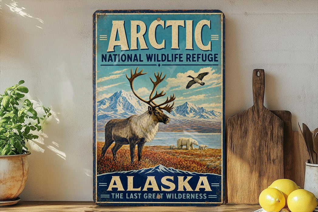 A vintage-style sign for the Arctic National Wildlife Refuge in Alaska, featuring a reindeer and mountains in the background.