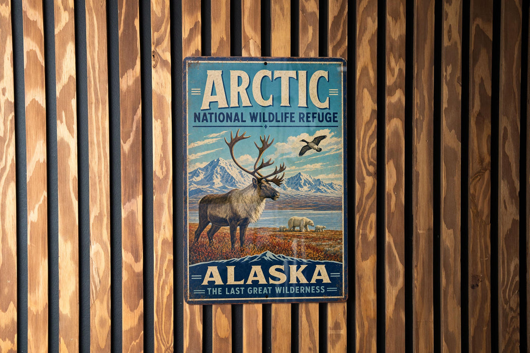 A vintage-style sign for the Arctic National Wildlife Refuge in Alaska, featuring an illustration of a reindeer and mountains in the background.