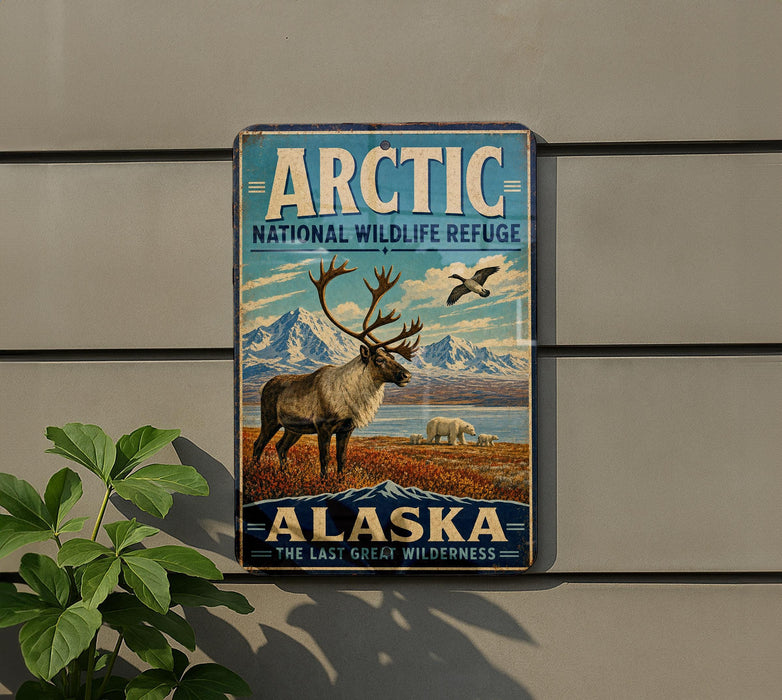 A vintage-style sign for the Arctic National Wildlife Refuge in Alaska, featuring a reindeer and a bird in a scenic landscape.