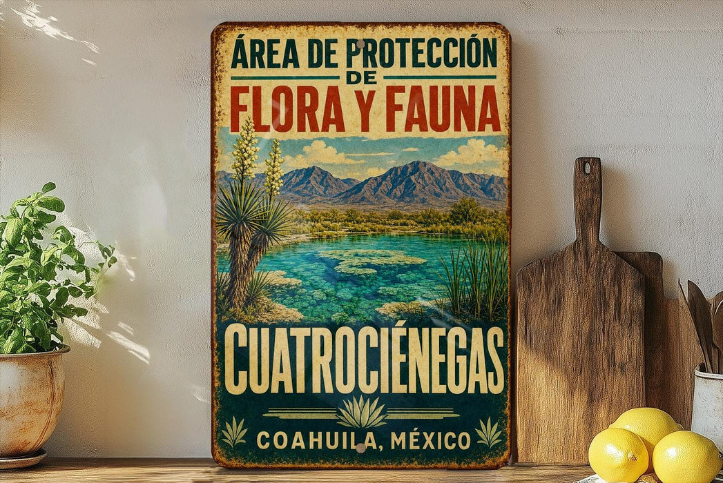 A vintage-style metal sign with a desert landscape and mountains, featuring text in Spanish that reads "Area de Protección de Flora y Fauna Cuatrocienegas Coahuila, Mexico".