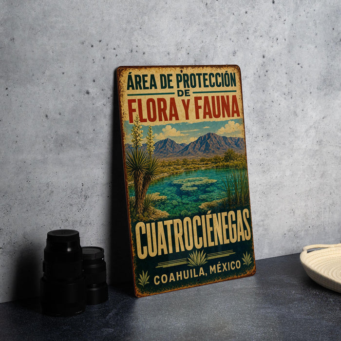 A vintage metal sign with a desert landscape and mountains, advertising the area of protection of the flora and fauna in Coahulía, Mexico.