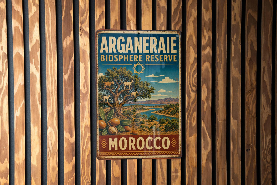 A vintage metal sign with the text "ARGANERAE BIOSPHERE RESERVE" and "MOROCCO" is displayed on a wooden wall.