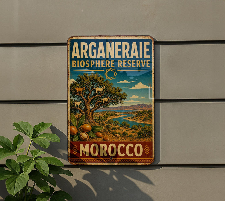 a vintage-style metal sign with a desert landscape and palm trees, mounted on a wall.
