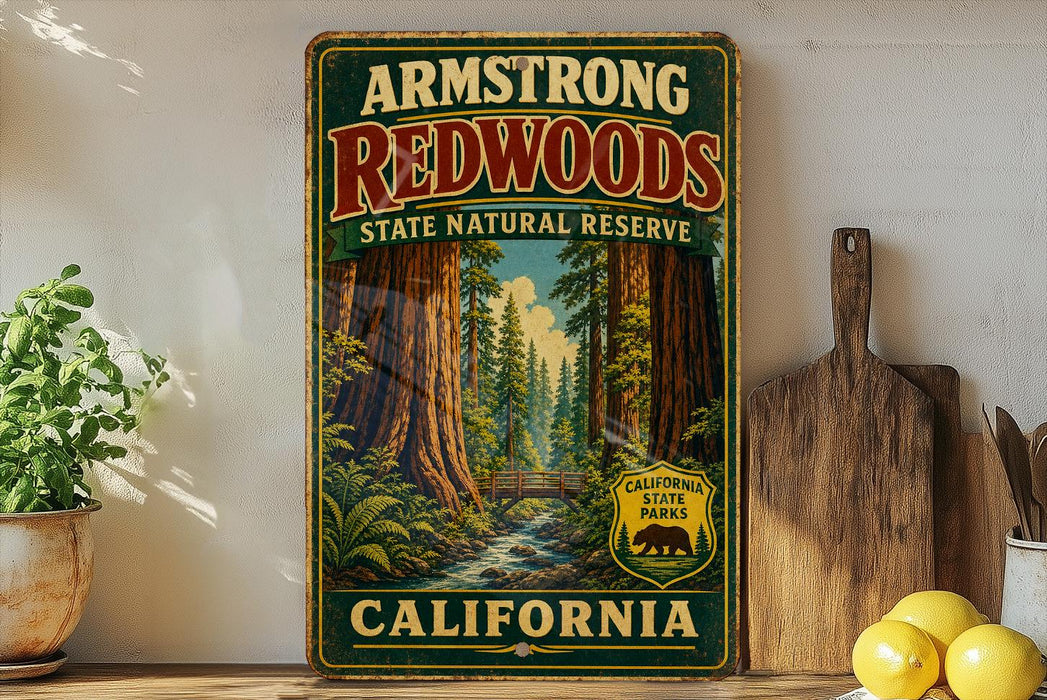 A vintage-style metal sign for the Armstong Redwoods State Natural Reserve in California, featuring a scenic illustration of the redwood forest.