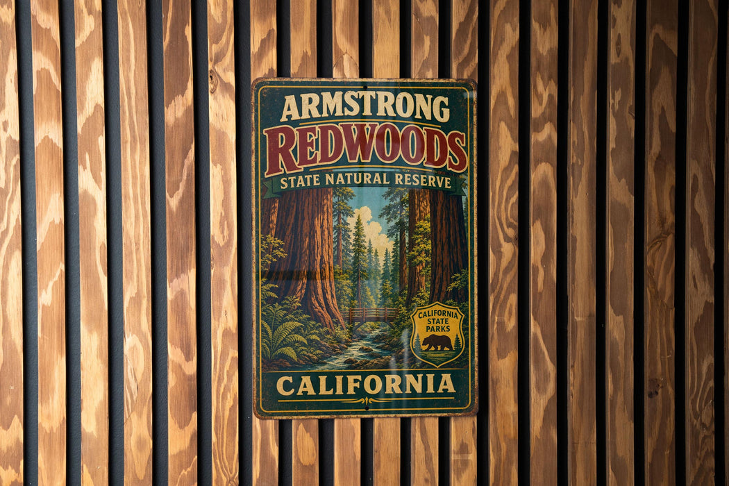 A vintage metal sign for the Armstrong Redwoods State Natural Reserve in California, featuring a scenic illustration of the iconic redwood trees.