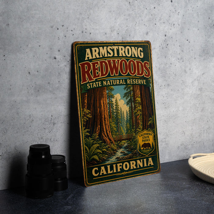 A vintage-style metal sign for the Armstrong Redwoods State Natural Reserve in California, featuring an illustration of the iconic redwood trees and a scenic landscape.