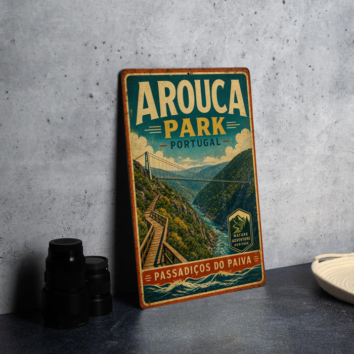 A vintage-style metal sign for Arouca Park, Portugal, featuring a scenic illustration of a bridge over a river with a wooden walkway.