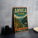 A vintage-style metal sign for Arouca Park, Portugal, featuring a scenic illustration of a bridge over a river with a wooden walkway.