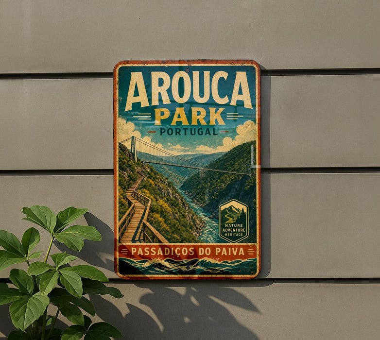 A vintage-style metal sign for Arouca Park in Portugal, featuring a scenic mountain landscape with a suspension bridge.