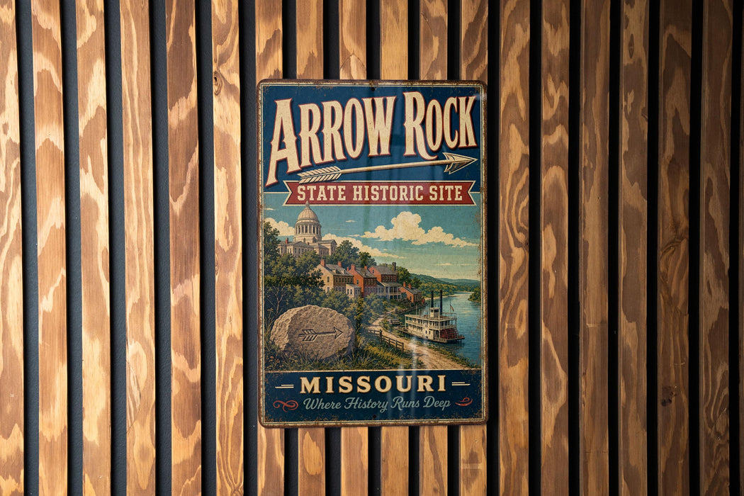 A vintage-style metal sign for Arrow Rock State Historic Site in Missouri, featuring a scenic illustration of a river and buildings.