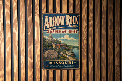 A vintage-style metal sign for Arrow Rock State Historic Site in Missouri, featuring a scenic illustration of a river and buildings.