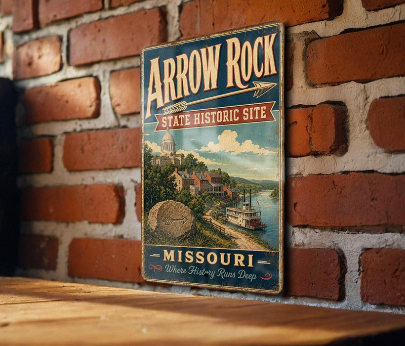 A vintage-style metal sign for Arrow Rock, a historic site in Missouri, is displayed on a brick wall.