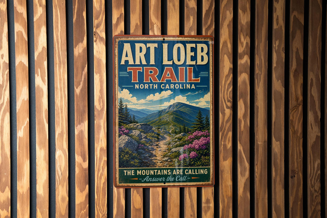 A vintage-style metal sign for the Art Loeb Trail in North Carolina, featuring a scenic mountain landscape with a winding trail and colorful wildflowers.