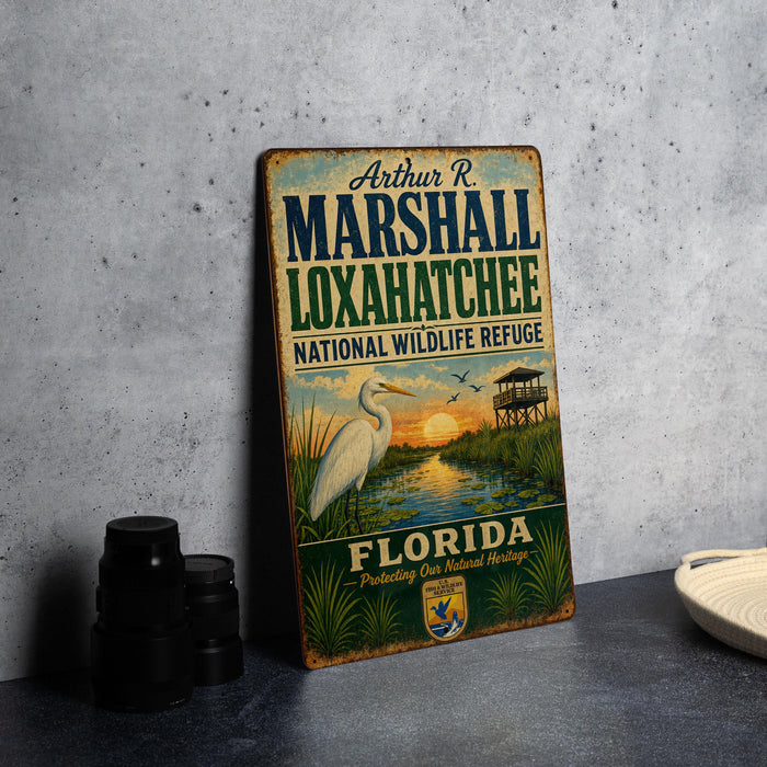 A vintage-style metal sign for the Loxahatchee National Wildlife Refuge in Florida, featuring an illustration of a white egret and a sunset over a body of water.