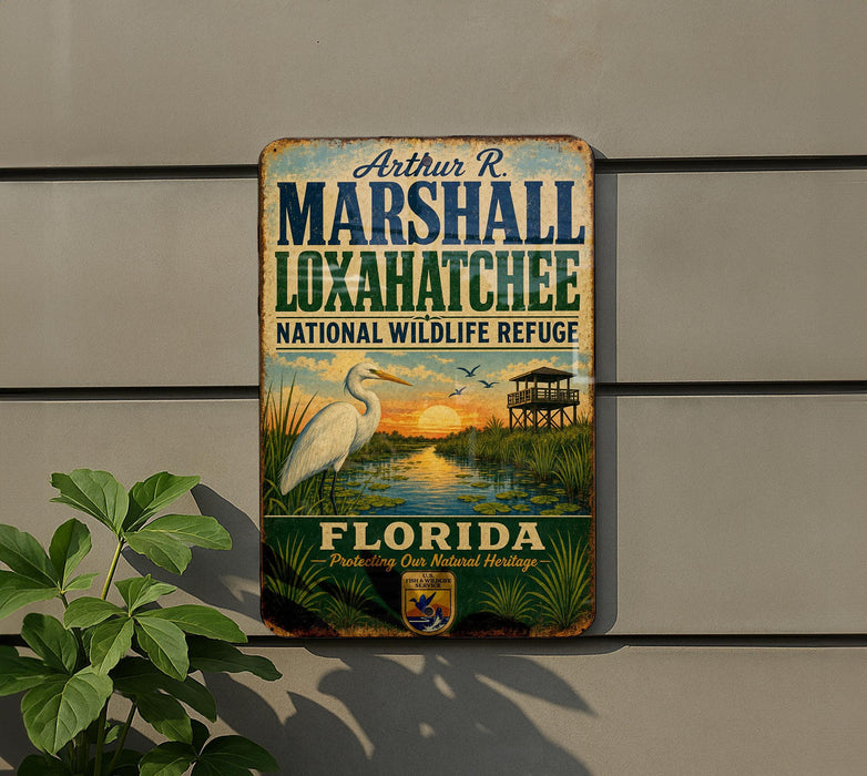 A vintage metal sign for the Marshall and Loxahatchee National Wildlife Refuge in Florida, featuring a white egret and a sunset landscape.