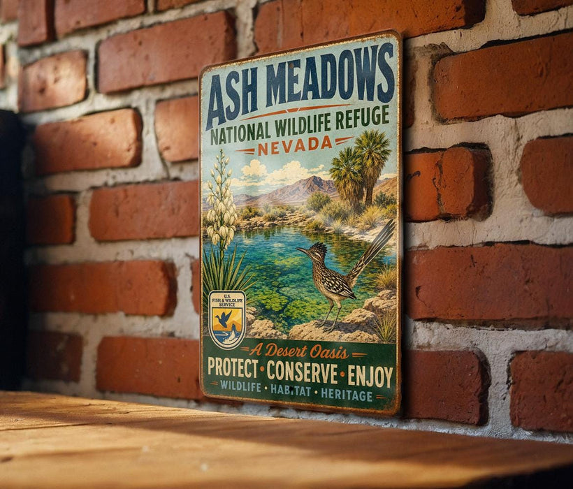 A vintage-style metal sign for the Ash Meadows National Wildlife Refuge in Nevada, featuring a desert oasis landscape with a road, a roadrunner, and a bird.