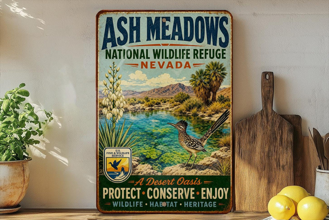 A vintage-style sign for the Ash Meadows National Wildlife Refuge in Nevada, featuring a desert landscape with a bird and a river.