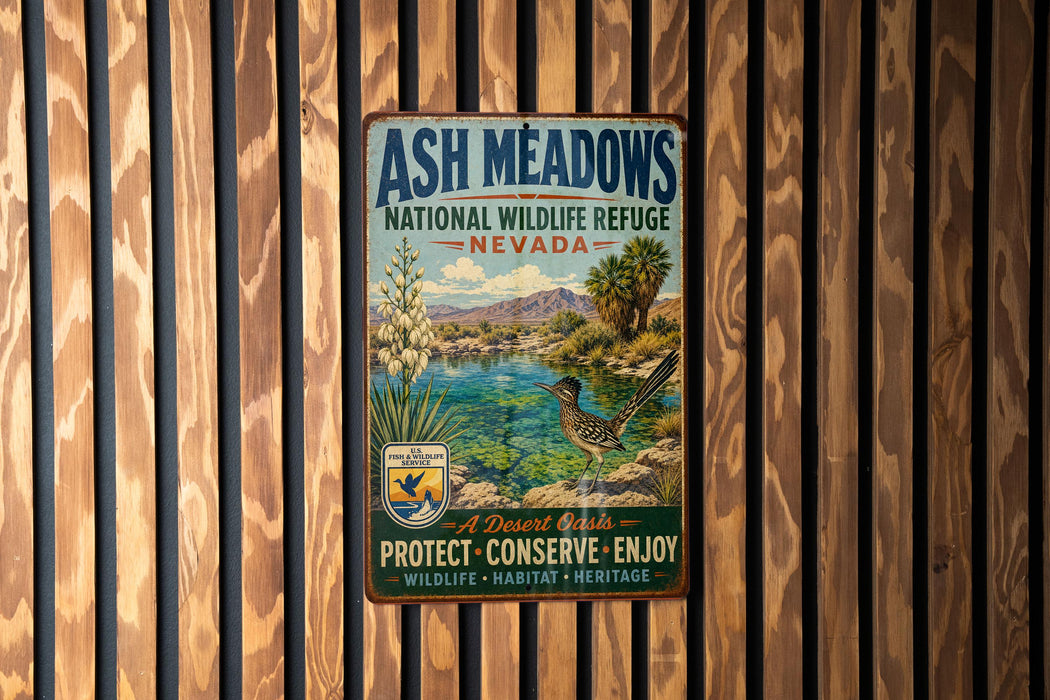 A vintage-style metal sign for the Ash Meadows National Wildlife Refuge in Nevada, featuring a desert landscape with a roadrunner and a bird.