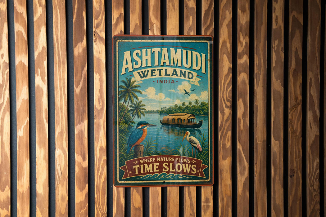 A vintage-style metal sign for Ashtamudi Wetland in India, featuring a tropical landscape with palm trees, birds, and a boat on the water.