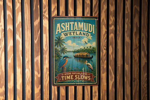 A vintage-style metal sign for Ashtamudi Wetland in India, featuring a tropical landscape with palm trees, birds, and a boat on the water.