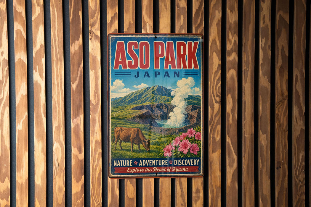 A vintage-style metal sign for Asop Park in Japan, featuring a cow grazing in a mountainous landscape with a steam vent in the background.
