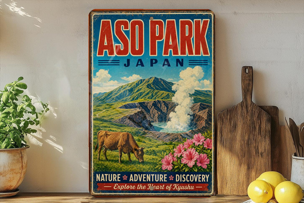 A vintage-style poster advertising ASO PARK, Japan, featuring a cow grazing in a mountainous landscape with a hot spring in the background.
