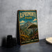 A vintage-style metal sign for Aspromonte Park in Italy, featuring a scenic landscape with mountains, trees, and a winding river.