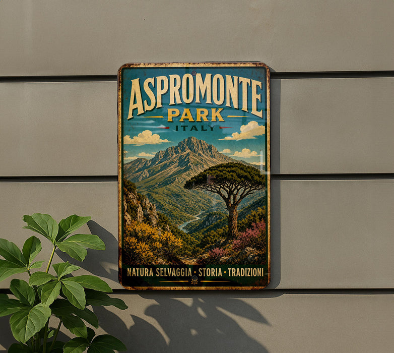 A vintage-style metal sign for Aspromonte Park in Italy, featuring a scenic mountain landscape with a tree and a river.