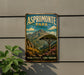 A vintage-style metal sign for Aspromonte Park in Italy, featuring a scenic mountain landscape with a tree and a river.
