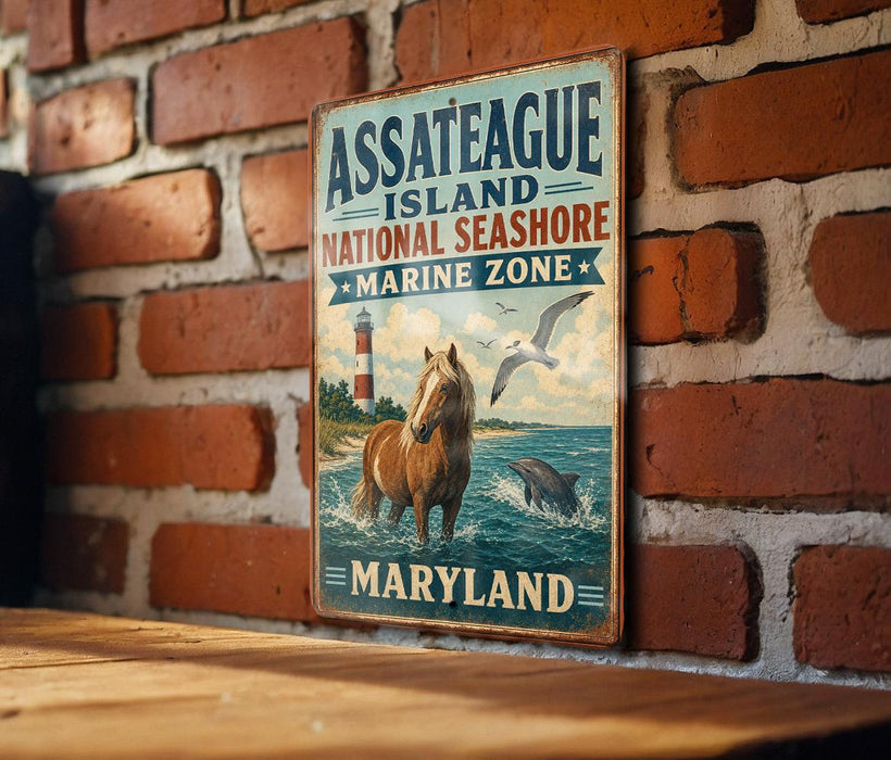 A vintage metal sign for Assateague Island National Seashore, Maryland, featuring a horse, lighthouse, and seagulls in the ocean.