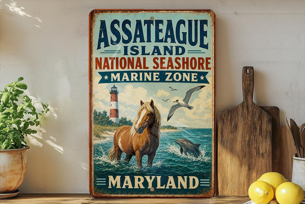 A vintage-style metal sign for Assateague Island National Seashore, Maryland, featuring a horse, seagull, and lighthouse in the background.